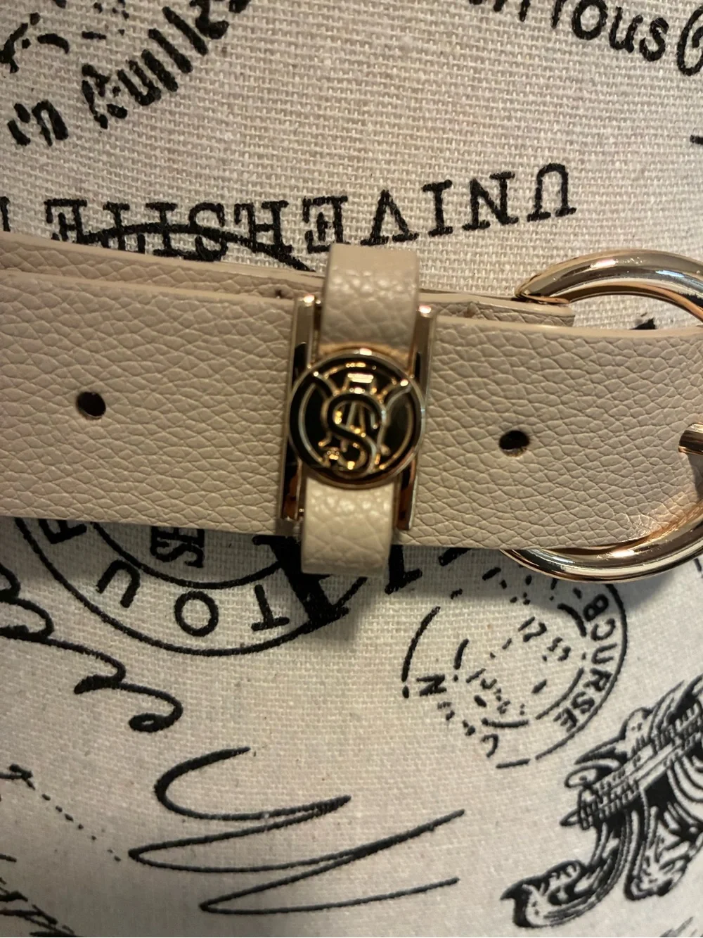 NWOT Beige faux-leather fashion belt with round gold-tone buckle, 41 inches long